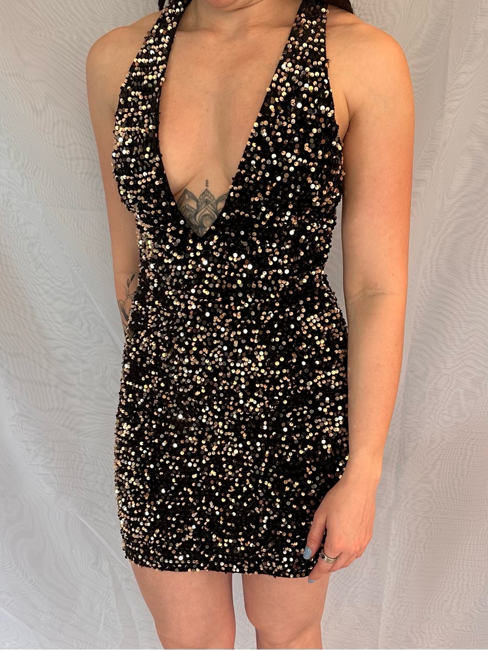 Symphony Black Sequin Plunge Halter Mini Dress
